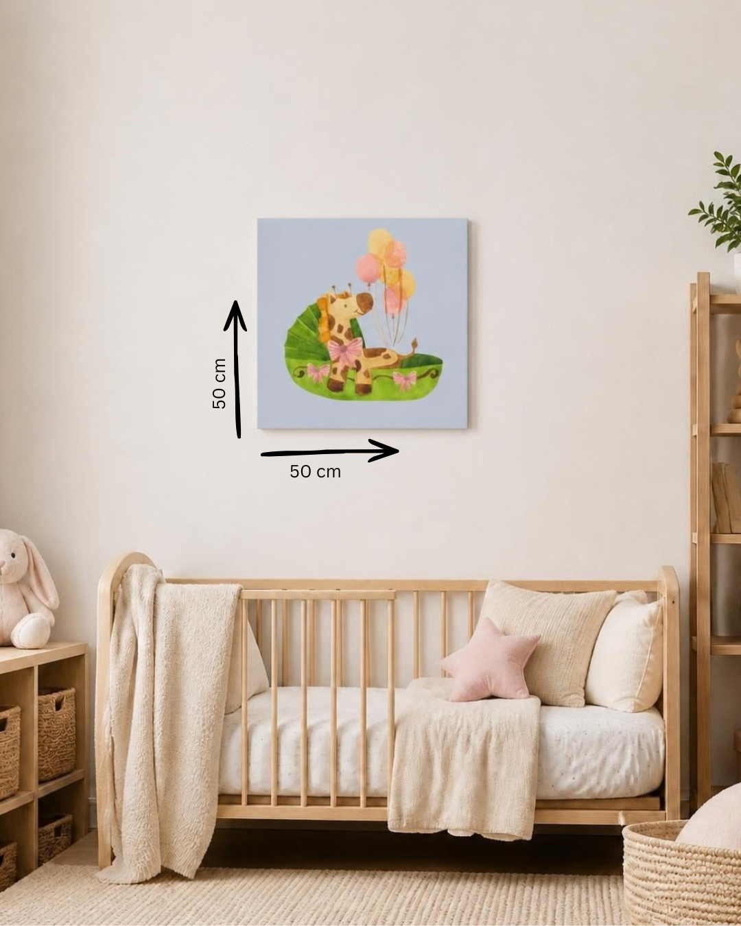 Tablou pentru copii cu girafă și baloane – decor vesel pentru camera bebelușului