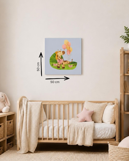 Tablou pentru copii cu girafă și baloane – decor vesel pentru camera bebelușului
