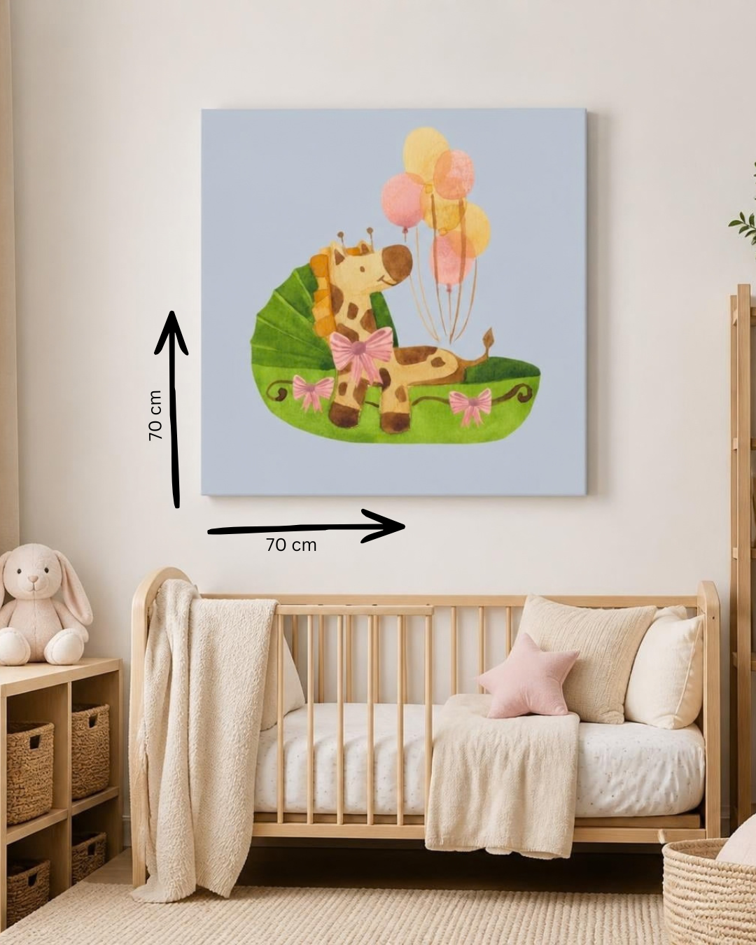 Tablou pentru copii cu girafă și baloane – decor vesel pentru camera bebelușului